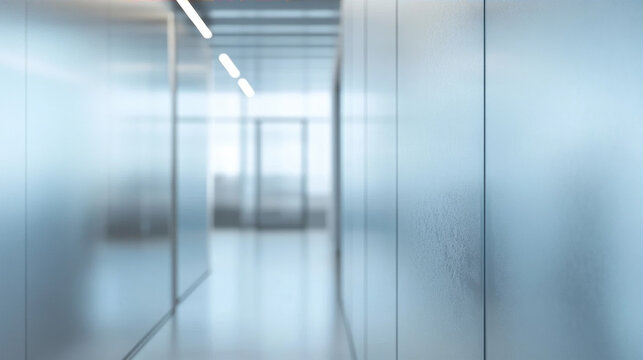 Blurred modern office hallway background with glass wall partitions and minimalist professional corridor interior for business and corporate concepts