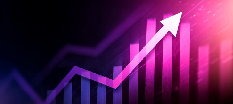 Increase chart value and purple arrow upward. Generative video AI technology.

