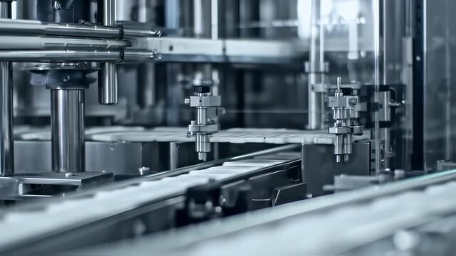 Close-up of industrial machinery, likely in a food or pharmaceutical production facility, showing automated conveyor belts and precision components