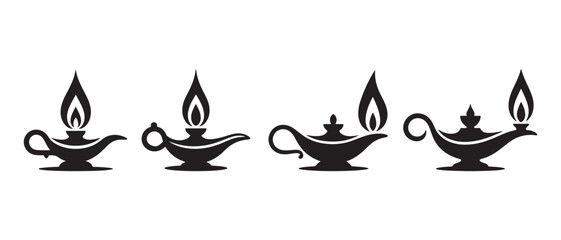 Four black oil lamp icons with flames on a white background symbolizing genie lamps or magic lamps often found in stories and mythology. © NadimStoker