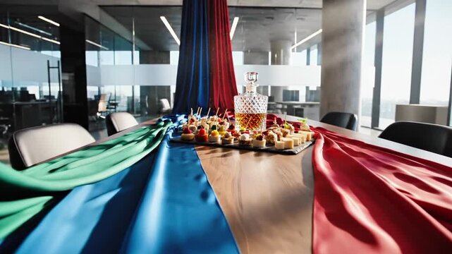 A modern office space with a table adorned with wrapped gifts, surrounded by colorful drapes