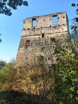 Ruins of the Toky Castle (Ozhyhivtsi Castle), Ternopil region, Ukraine. Medieval fortress stone tower