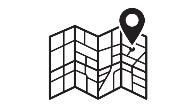 Black and white vector icon of a folded map with a location pin, ideal for navigation, travel, and business applications.
