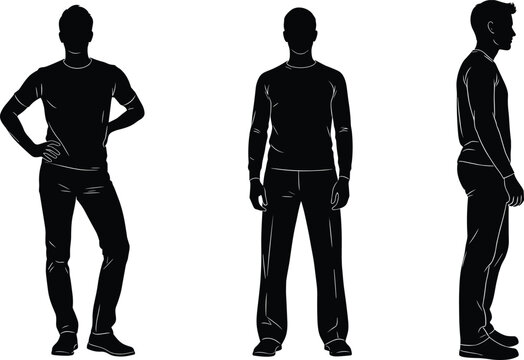 Man silhouette front side standing poses set, male human figure perspectives collection, casual person posture reference isolated vector illustration
