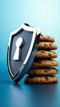 Secure shield over a cookies stack representing online privacy and data protection in a digital environment, highlighting consent, browser safety, encryption, trusted web experience trust