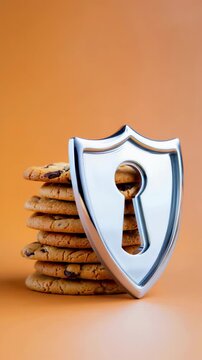 Stack of cookies with chrome shield concept of online data protection, GDPR compliance, internet privacy security, cyber safety, cookie consent management, digital privacy regulations, web security