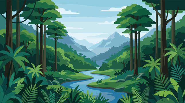 A serene vector illustration of a lush jungle landscape with a winding river flowing through a tropical forest towards distant mountains in a flat, graphic style.