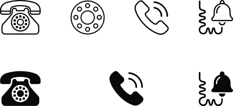 Telephone communication icon set, vintage rotary phone dial handset and ringing bell symbols, outline and solid call notification vector illustration