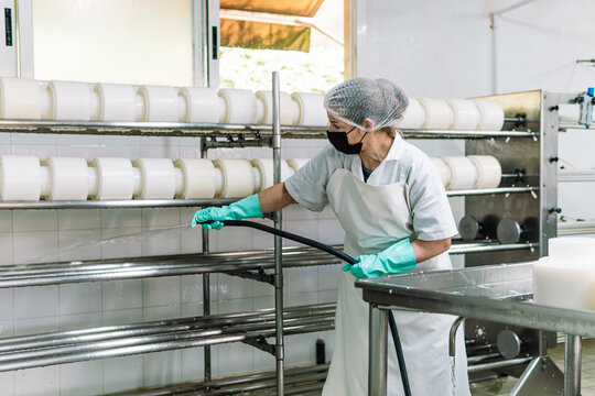 Worker cleaning cheese factory racks for hygiene and sanitation