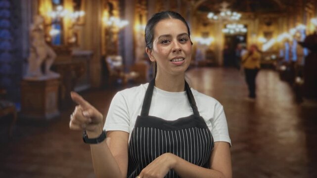 Young brunette woman wearing a striped apron points finger to object while standing in ornate museum building lobby; welcoming hospitality.