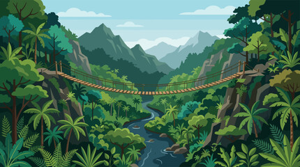 Fototapeta premium A scenic vector illustration of a rope suspension bridge spanning a deep canyon above a winding river in a lush, tropical jungle with distant mountains.
