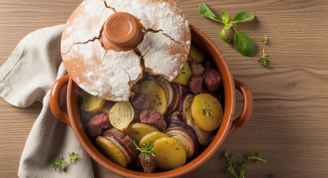 Traditional Alsatian Baeckeoffe Stew in Cracked Clay Pot, Rustic Table