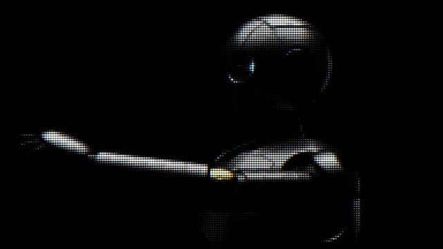 A sleek, metallic robot is showcased against a dark background, revealing its detailed design and glowing blue eyes. This character embodies advanced artificial intelligence and futuristic technology.