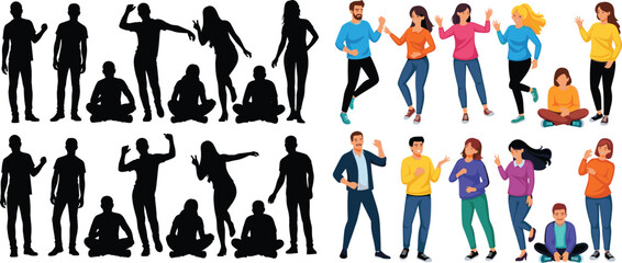 Fototapeta premium People character collection with silhouettes and colorful cartoon men and women standing, dancing, sitting poses, casual lifestyle illustration set