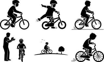 Naklejka premium Happy children learning to ride bicycles with safety gear and guidance