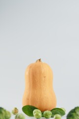 Vertical macro of butternut squash with brussels sprouts and spinach on gray background. Blurry broccoli in foreground. Fresh organic vegetables and harvest concept with copy space on top for text.