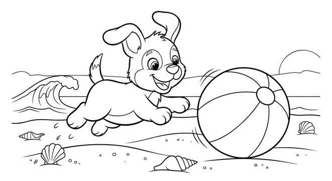 Vector illustration of a cartoon bunny playing with a beach ball on the beach