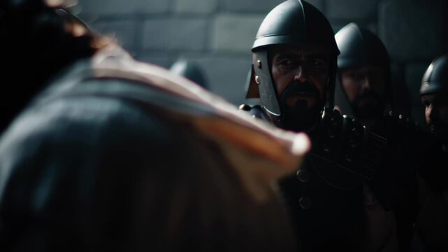 Man as Jesus Christ in prayer and sorrow amid guards. Biblical scene reflecting his suffering on Good Friday. Historical religious drama of Christian faith.