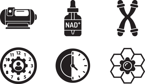 Longevity and Anti-Aging Vector Icon Set: Hyperbaric Chamber, NAD+ Infusion, Telomeres, Bio Age Clock, and Intermittent Fasting Timer