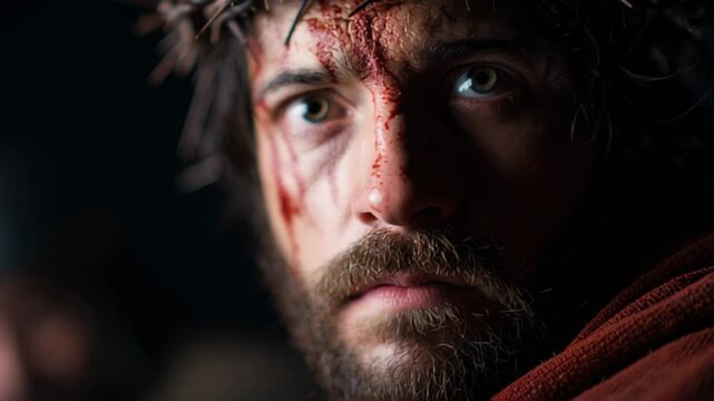 Jesus wearing a crown of thorns suffers with blood on face. Religious representation of the passion of Christ for Good Friday or Christian Easter holiday theme.