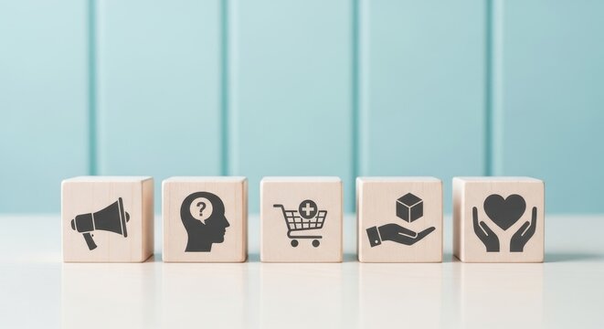 Wooden blocks with business icons representing marketing and consumer service