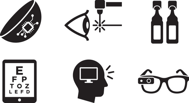Vision and Eye Wellness Vector Icon Set: Smart Contact Lens, Laser Eye Surgery, Eye Drops, Digital Eye Strain, and Smart Glasses Silhouettes