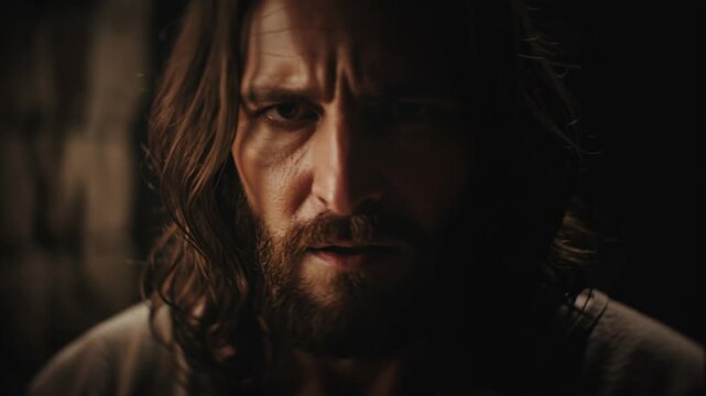 Jesus Christ with long hair and beard in dark room. Man in linen robe reflecting on suffering. Christian religious concept for Good Friday and Easter tradition.