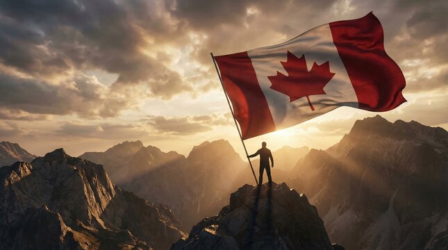 Silhouette of a person holding the Canadian flag on a mountain peak at sunset with warm light and dramatic clouds