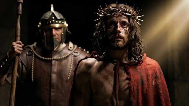 Man dressed as Jesus Christ wears crown of thorns while a Roman soldier guards him in a stone dungeon. Biblical scene depicting suffering on Good Friday event.