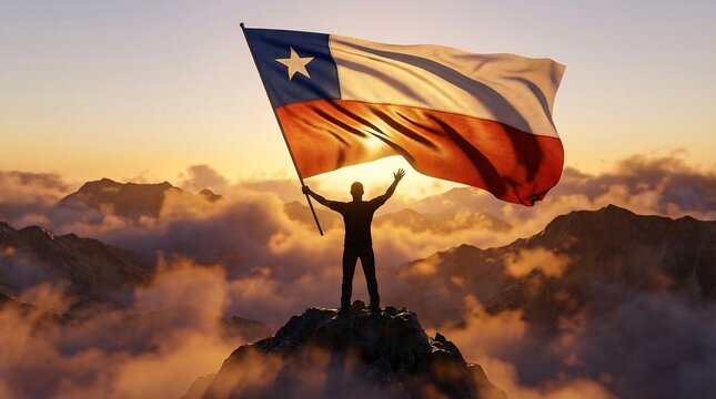 Silhouette of a person holding the Chilean flag on a mountain peak above clouds at sunrise with golden light