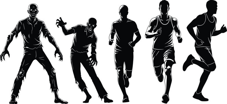 Zombie chasing runner silhouettes collection, scary undead monster pursuing running athlete, horror apocalypse concept illustration set