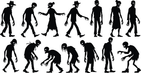 Fototapeta premium Zombie silhouettes collection with scary undead characters walking and attacking poses, horror Halloween monsters illustration set