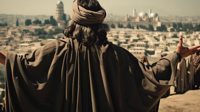 Man as a prophet standing on a hill overlooking an ancient city with outstretched arms. Biblical scene depicting a sermon and religious pilgrimage of people.