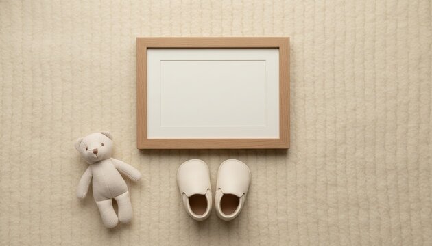 mockup frame baby nursery teddy bear shoes background with minimalist wooden horizontal frame on neutral textured blanket for newborn announcement or wall art presentation