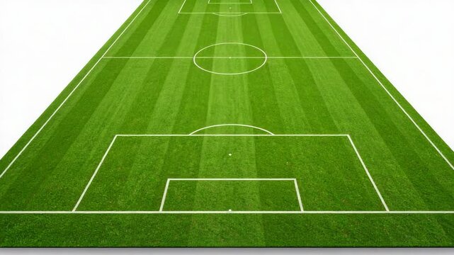 Perspective view of a green soccer field pitch with white markings and striped grass isolated on white background