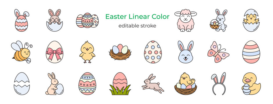 Colorful line art set of 22 easter icons with editable stroke and pastel fill, featuring bunnies, eggs, chicks, lamb and other festive spring elements.