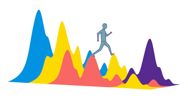 Strategic entrepreneur navigating complex data peaks and market volatility to achieve sustainable business growth and scalability