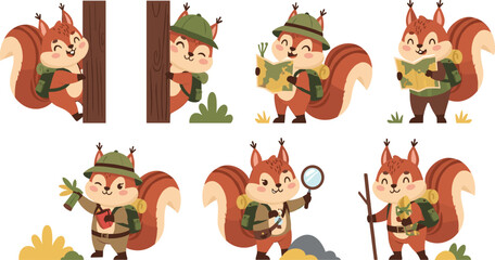 Cute squirrel explorer cartoon collection with camping hiking gear forest adventure animals vector illustration set © MstTanzila
