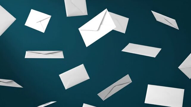 White envelopes falling on blue background.