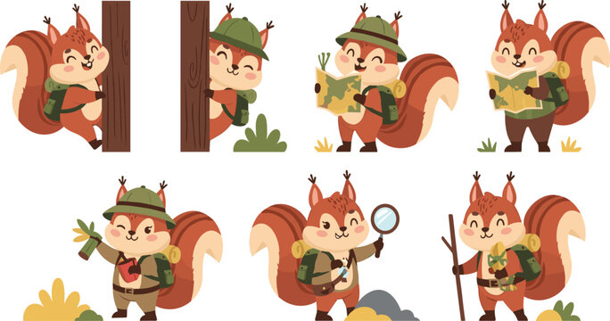 Cute squirrel explorer cartoon collection with camping hiking gear forest adventure animals vector illustration set
