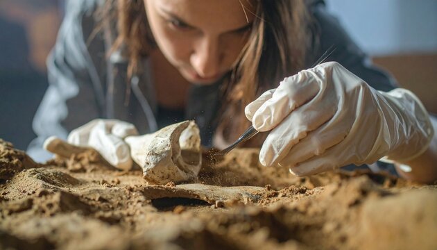 Dedicated archaeologist meticulously excavating ancient bones at a historical site