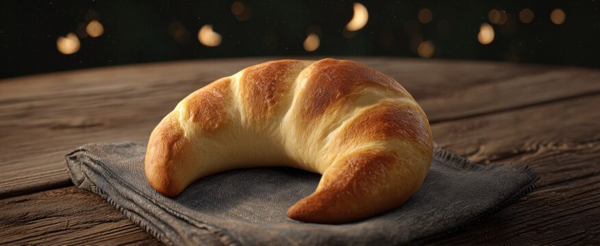 the crescent-shaped bread shaped by hands like a moon resting on a kitchen table