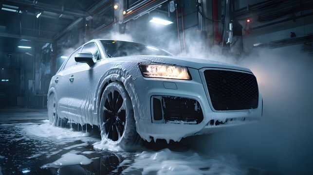 Snow covers a sleek car, illuminated by headlights