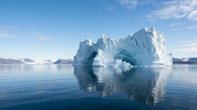 Large white iceberg floating in calm blue arctic water under a clear sky with distant snowy mountains and reflection