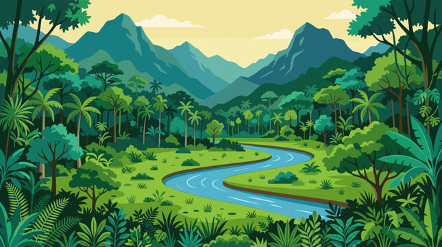 A serene vector illustration of a winding river flowing through a lush, green tropical jungle with towering mountains in the background.