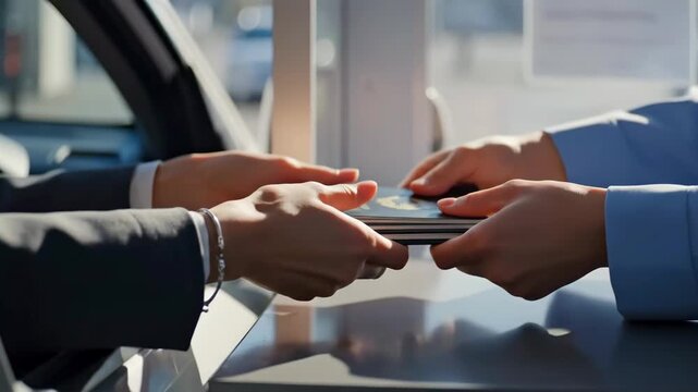 Passports exchanged through car window, closeup of hands in suit passing stack of passports across border booth counter, sunlight glinting on pages, officer inspecting documents and stamps,