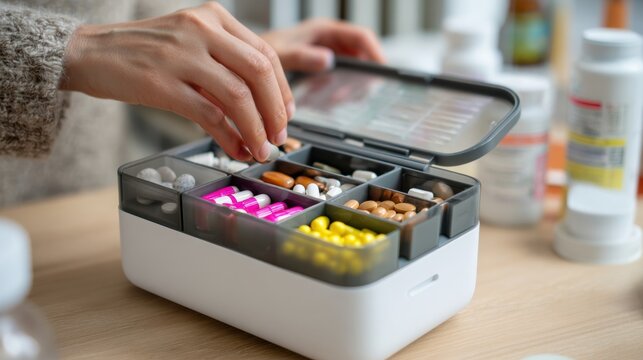 Hands filling smart dispenser with pills, closeup of adult hands placing tablets into compact white electronic box with clear lid open, prescription bottles and vitamins on countertop, bright kitchen