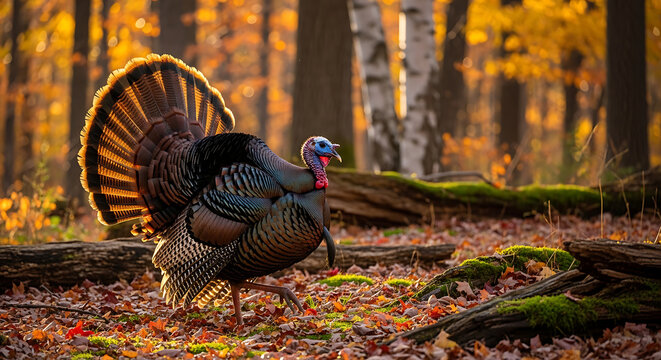 Majestic wild turkey male displaying vibrant plumage and fan tail while strutting through a scenic autumn forest with colorful orange leaves and golden sunlight in the wilderness woods