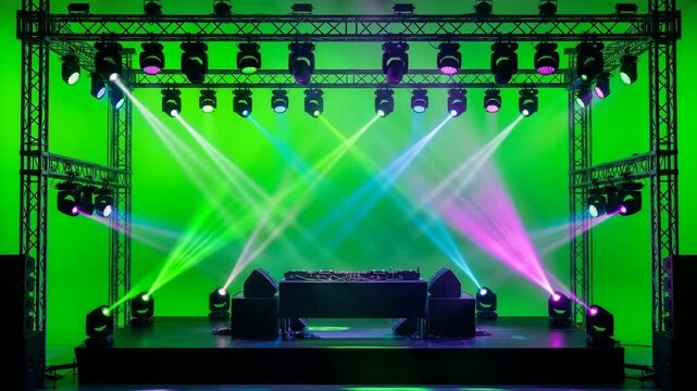 Empty professional DJ stage with colorful beam lights and equipment in front of a studio green screen