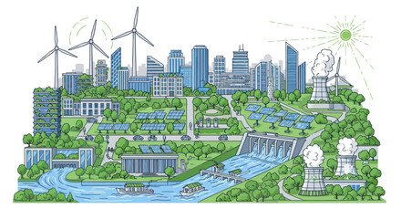 Fototapeta premium Sustainable green city with renewable energy sources, eco-friendly urban landscape